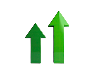Two 3D green arrows pointing upwards against a stark black background