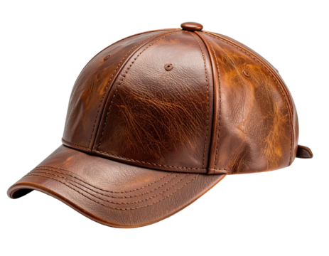 Brown baseball cap crafted from textured leather, angled with clear highlighting