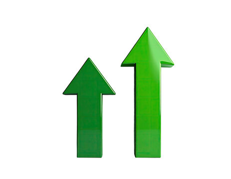 Two 3D green arrows pointing upwards against a stark black background