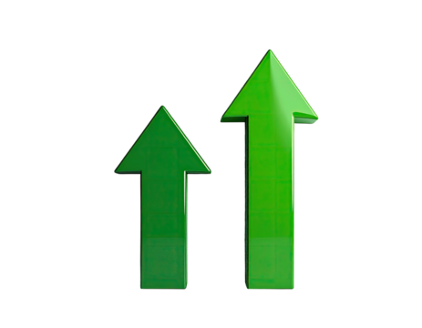 Two 3D green arrows pointing upwards against a stark black background