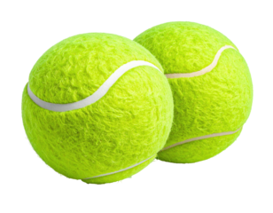 Two vibrant yellow tennis balls with white stripes, set against a stark black backdrop