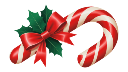 Festive candy cane with holly and red bow, perfect for holiday designs