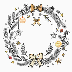 Hand-drawn Christmas wreath with fir branches ornaments and bows festive vector illustration for holiday designs and greeting cards