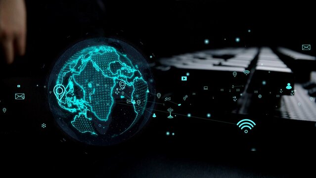 This image showcases a representation of global connectivity through digital network icons on a keyboard backdrop, highlighting modern communication in today technological landscape. Xenic