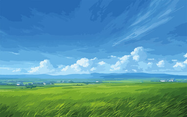 Obraz premium Wektorowa ilustracja rozległego zielonego pola z chmurami na błękitnym niebie, krajobraz wiejski.
