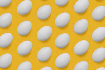 Repeat design of white eggs over yellow background, creative flat lay from natural organic Chicken egg, minimal pastel pattern, for packaging and social media display, Easter food celebration concept.