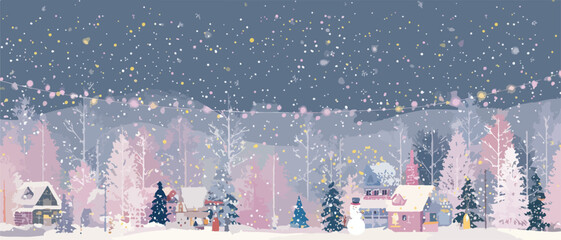 Bajkowa zimowa wioska z domkami, choinkami i spadającym śniegiem, udekorowana światełkami.