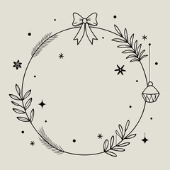 Elegant Christmas wreath with bow and ornaments minimalist line art vector illustration perfect for holiday cards and invitations