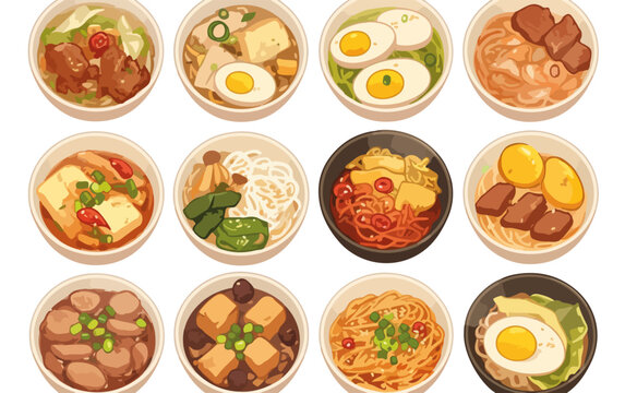 Kolekcja wektorowych ilustracji r&oacute;żnych azjatyckich dań z makaronem i zup w miseczkach, stylizowanych.