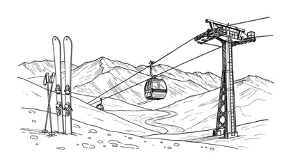 Ski resort landscape with cable car, skis, poles, and mountains for outdoor sports sketch