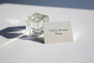A transparent glass cube casting a crisp shadow next to a card with a clear message