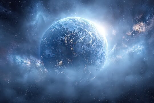 Abstract Digital Artwork of a Luminous Blue Sphere within a Nebulous Cosmic Cloud