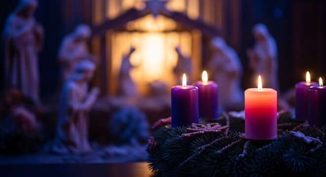 Advent Sunday Nativity Scene with Glowing Candles & Wreath Celebrating Christmas Hope