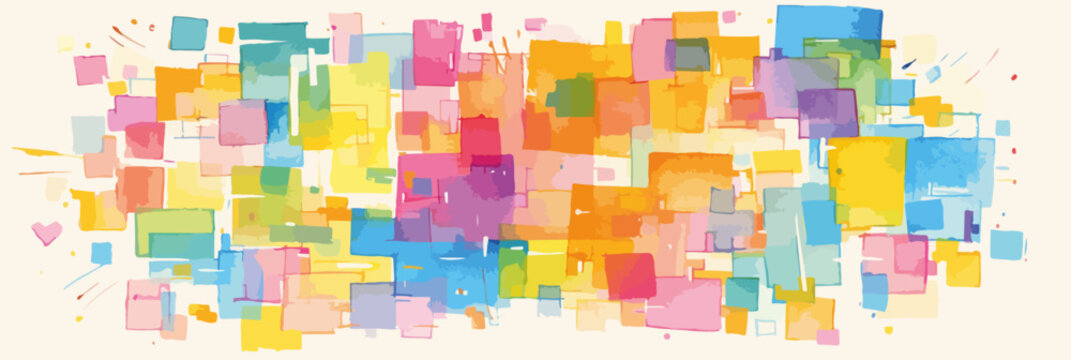 Abstrakcyjny wz&oacute;r z kolorowych kwadrat&oacute;w i prostokąt&oacute;w w stylu akwareli, radosny i energetyczny.