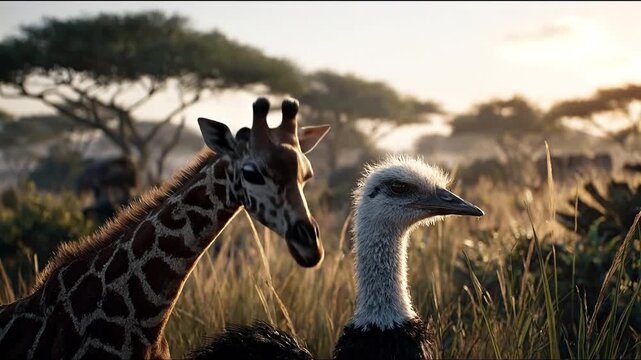 Giraffe and ostrich in natural habitat with warm sunlight
