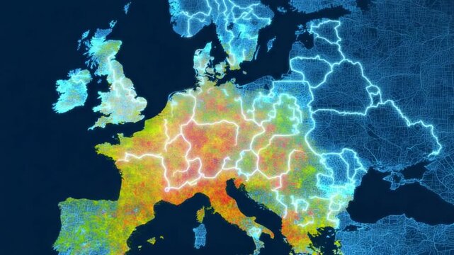 Animated map of europe with abstract data representation on dark background
