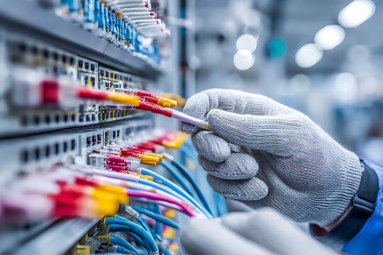 Technician hand connecting fiber optic network cables