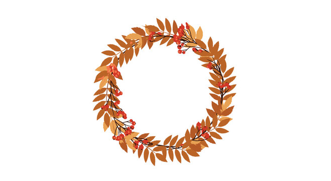 Autumnal wreath made of vibrant fall leaves and berries with a detailed botanical illustration.
