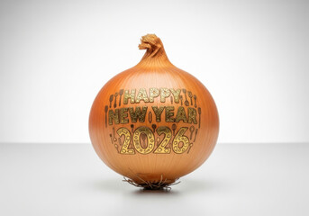 Fresh Onion Wishing Happy New Year 2026: Culinary Festive Greetings on Table, Healthy Cooking Celebration
