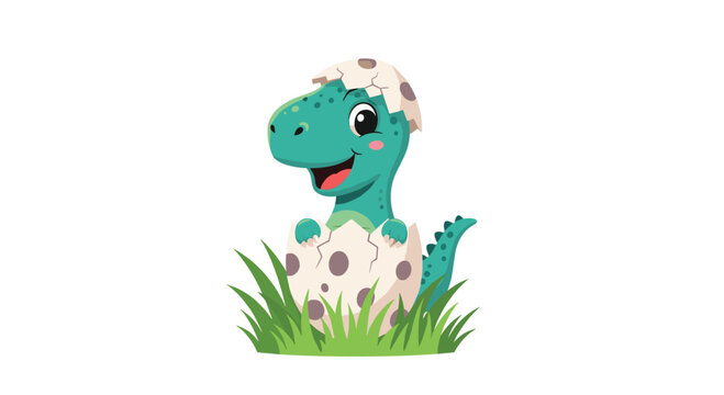 A cute baby dinosaur hatching from its egg surrounded by green grass.