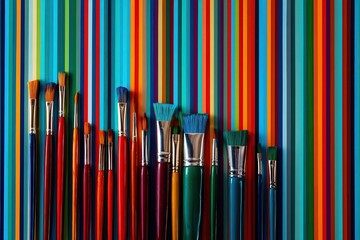 Arrangement of Artistic Paintbrushes on a Colorful Striped Background