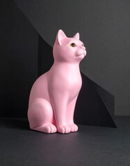 A pink cat statue sits against a backdrop of layered black paper and casts small shadow