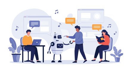 Team collaborating on an artificial intelligence robot project with computers and data visualization.