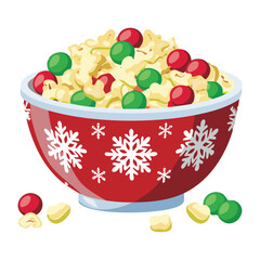 Christmas Popcorn Snack Mix with Colorful Candies and Pretzels Served in a Red Bowl with Snowflake Design - Vector Illustration