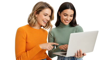 Smiling Women Using Laptop Together. Happy Friends Browsing Internet, Social Media