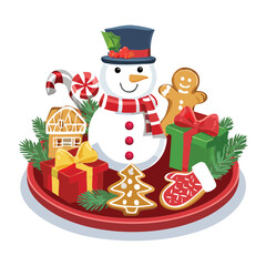 Cute Snowman and Gingerbread Man Cookies on a Festive Platter with Holly and Candy Cane Decoration - Vector Illustration