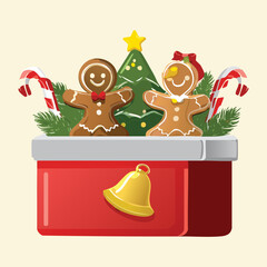 Assortment of Gingerbread Man and Star Cookies in a Red Box with a Golden Bell and Candy Cane Decorations - Vector Illustration