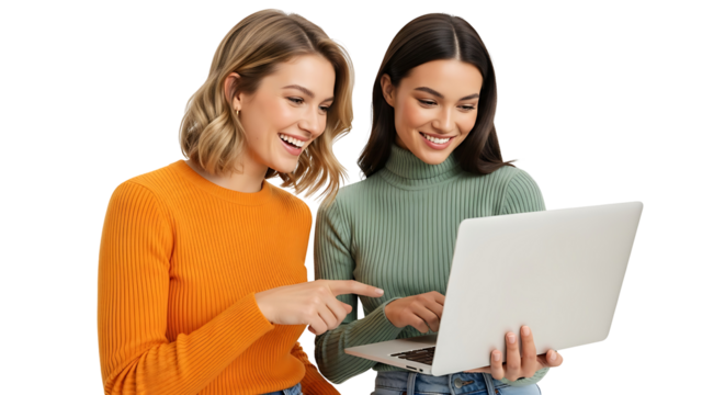 Smiling Women Using Laptop Together. Happy Friends Browsing Internet, Social Media