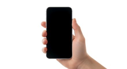 Hand holding a smartphone with a blank screen