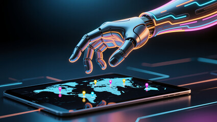 Abstract technology illustration with colorful circuit board design and a bright glow of blue light energy
