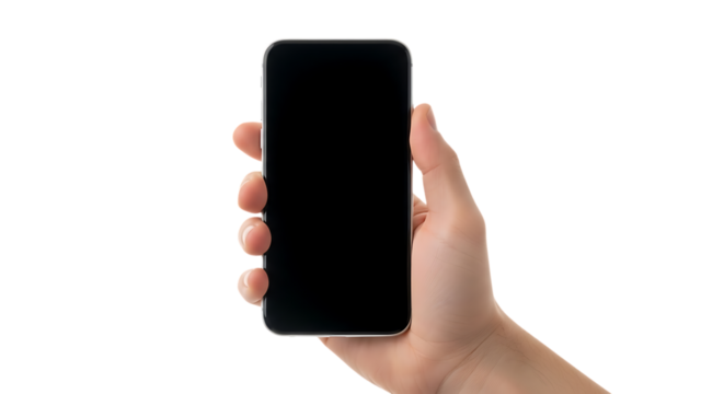 Hand holding a smartphone with a blank screen