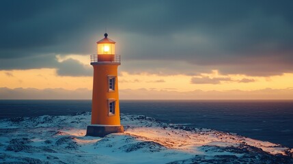 Lighthouse standing tall against dramatic sunset sky over rugged coastline