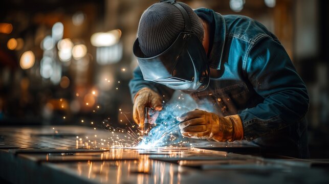Welding process at a workshop with sparks flying in the air during daytime hours
