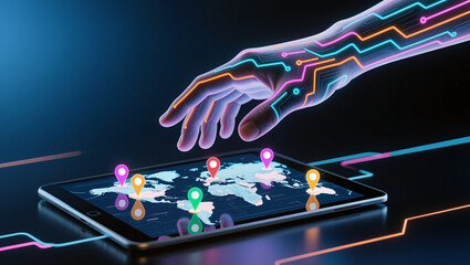 Abstract technology illustration with colorful circuit board design and a bright glow of blue light energy