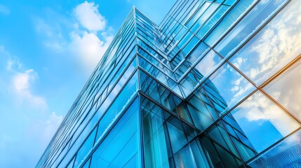 Obraz premium Modern glass building reaches toward a clear blue sky in an urban setting during the day
