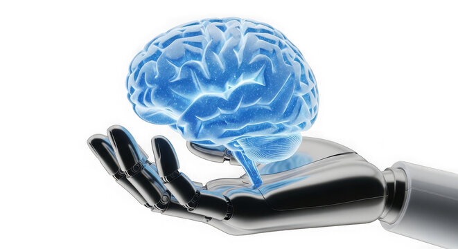 A robotic hand holding a glowing human brain