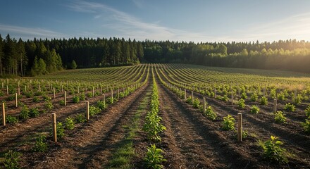 A vast landscape showcasing rows of newly planted saplings amidst a managed forest area, symbolizing sustainable timber practices and environmental stewardship ,forest management ,outdoors