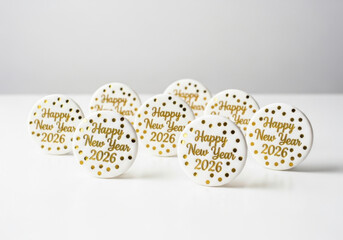Festive Party Favors with Happy New Year 2026 Message on White Surface Celebratory Event Decorations