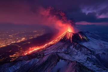 Dramatic Volcanic Eruption at Night With Red Lava and Smoke Against a Dark Cloudy Sky