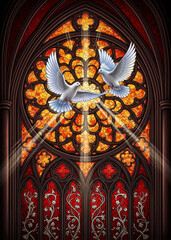 a stained glass window with two white doves and a golden halo in a church with red and orange colors