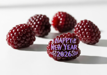 Fresh Blackberry Arrangement with Happy New Year 2026 Graphic. Delicious Blackberries Pile Isolated on White Background. Healthy Fruit Concept