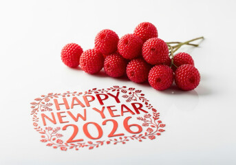 Festive New Year 2026 Celebration with Raspberries and Decorative Design on White Background for Greeting Card