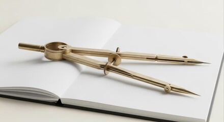 Vintage brass drawing compass resting on an open blank notebook.