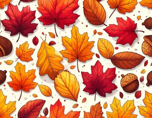 Obraz premium A vibrant and artistic illustration featuring a seamless pattern of colorful autumn leaves and acorns, perfect for fall-themed designs and decorations