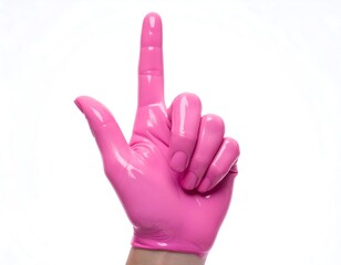 A pink gloved hand pointing upwards against a clean white backdrop, creating a striking contrast