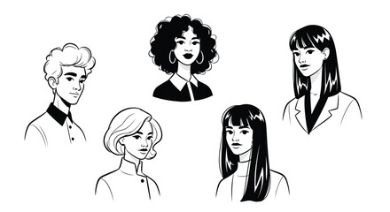 Fototapeta premium Vector illustration of diverse group of people with different hairstyles and clothing styles, illustrated in a simple black and white line art style